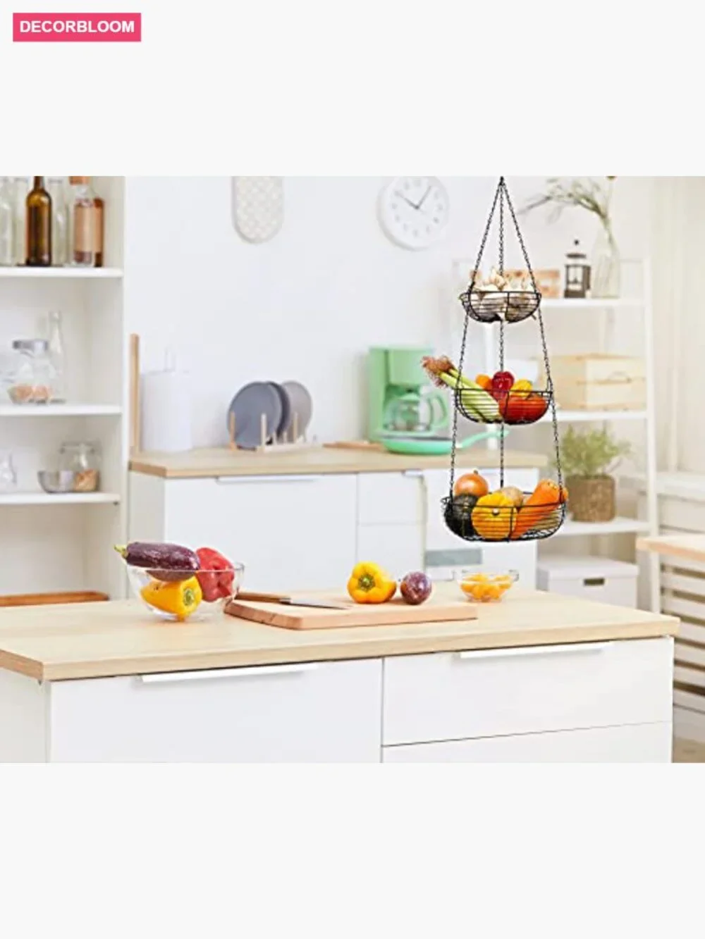 3-Tier Hanging Basket Kitchen Fruit Organizer Heavy Duty Wire, 30in